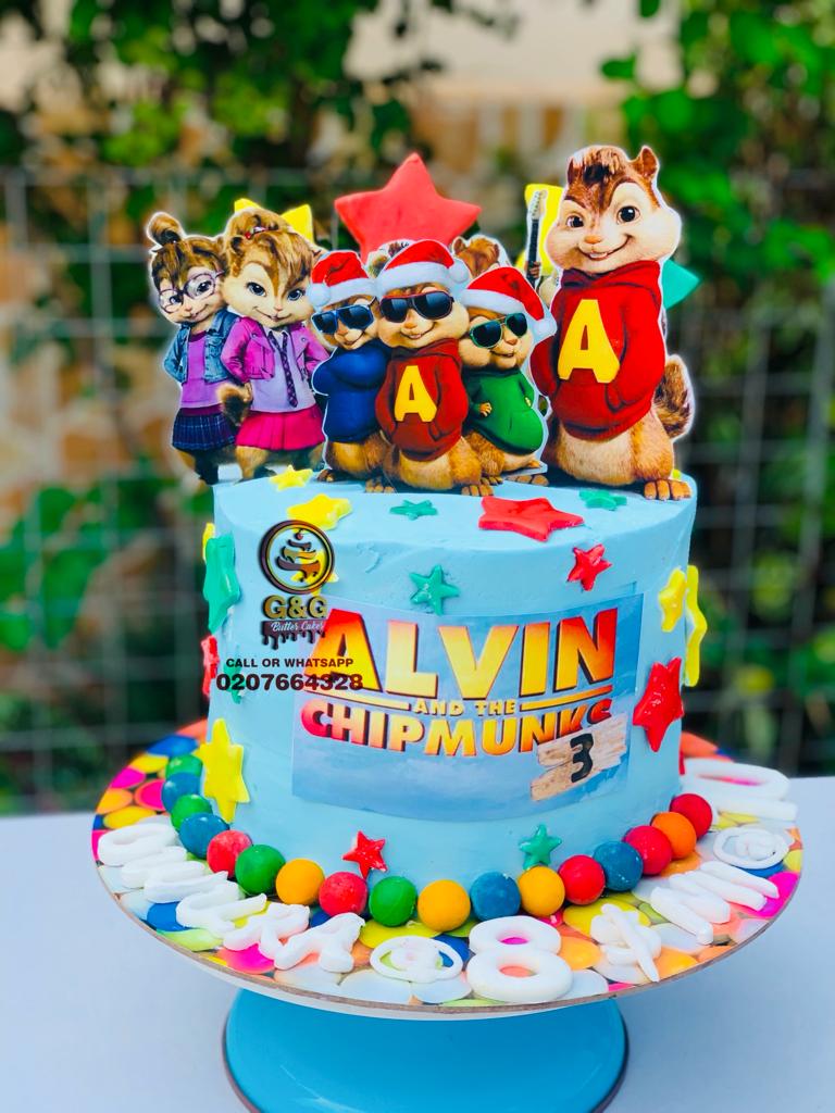Image of 10 INCHES ALVIN AND CHIP MONKS CAKE 3 LAYERS ROUND CAKE